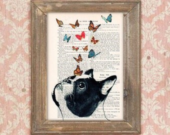 French Bulldog Print, Frenchie with butterflies, French design, black and white,bulldog poster Art Print on recycled french book page