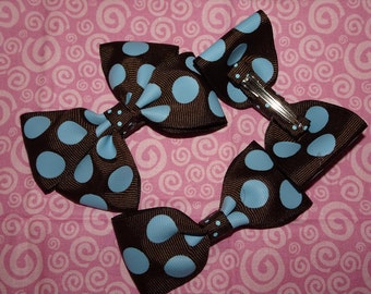 Brown-Blue Polka Dot Hair Bows, Brown/Blue Hair Bow, Toddler Bow, Girls Hair Bow, Girls Bows, Hair Bows, Hair Clips