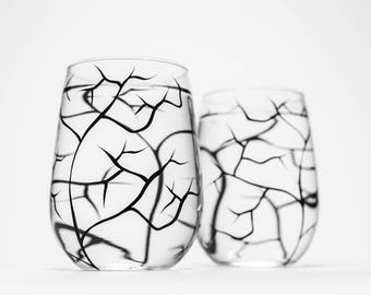 Bare Branches, Winter Tree Branch Stemless Wine Glasses - Set of 2 Hand Painted Glasses - Black Winter Trees, Fathers Day Gift, Gift for Him