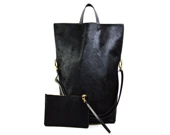 Nicole - Handmade Oversized Black Hair On Hide Leather Tote Bag SS17