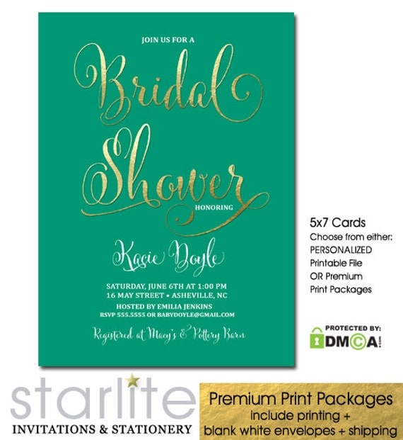 Emerald Green and Gold Bridal Shower invitation Printable