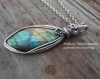 Labradorite Sterling Silver Wire Wrapped Pendant, Handmade Jewelry, Perfectly Twisted Jewelry, Wire Wrapped Wire Weave Jewelry