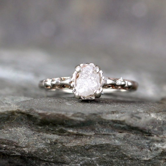 14K White Gold Raw Diamond Engagement Ring Filigree Ring