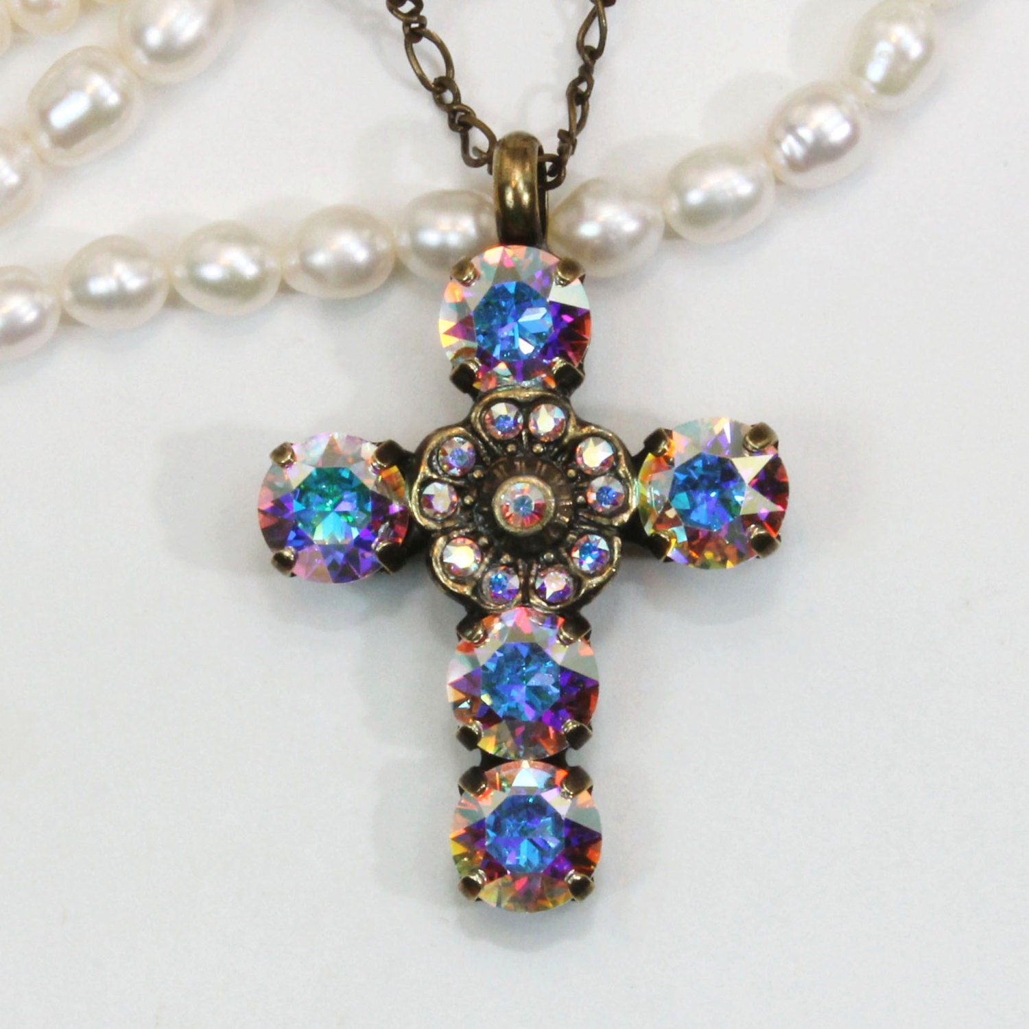 AB Swarovski Crystal cross Necklace pendant Vintage cross