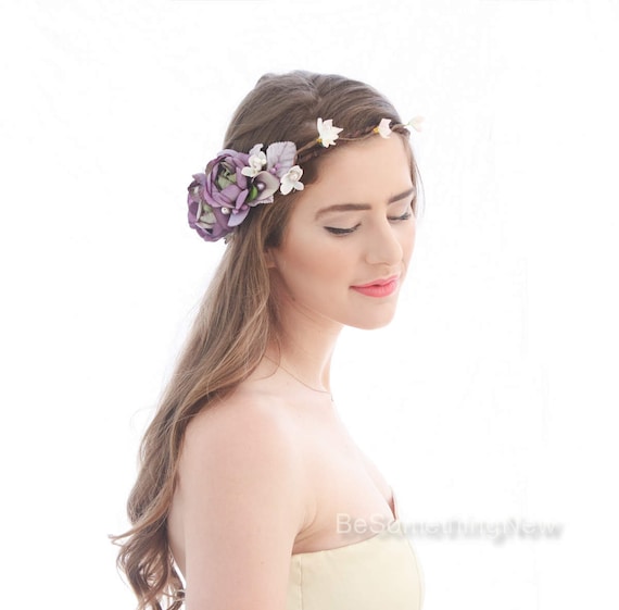 Rustic Flower Crown in Shades of Pink and Purple, Floral Halo Wedding Flower Wreath