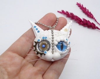 Steampunk Cat, Polymer Clay Cat, Steampunk Jewelry, Clay Cat Pendant, White Necklace, Mechanical Cat, Victorian Jewelry, Steampunk Necklace
