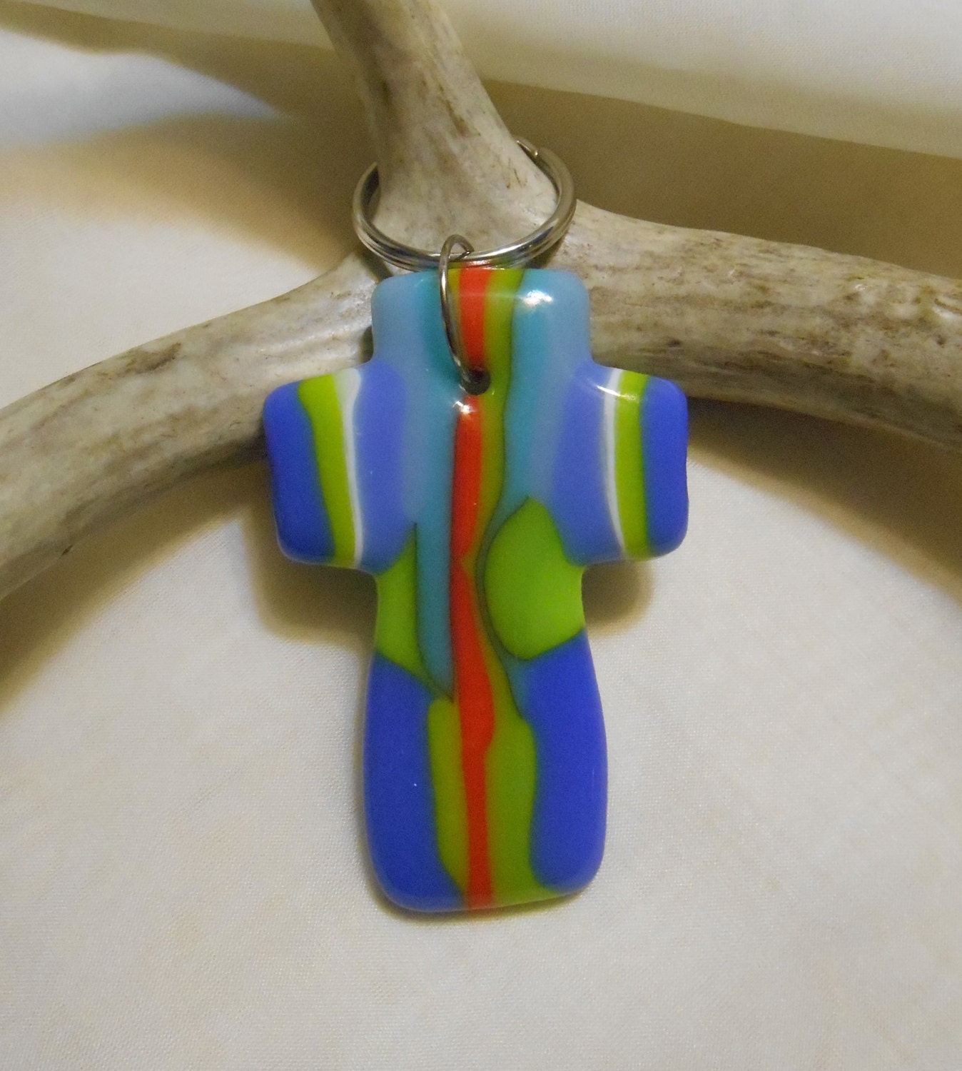 Multi Color Fused Glass Cross Key Chain Pastor Gift