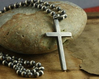 Men's Silver Cross Necklace, Rustic Sterling Silver Cross, 3.2mm Solid Sterling Chain, All lengths Chain, Long Chain Cross Heavy Chain