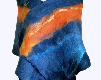 Blue Wool Scarf - Blue and Orange - Wool Cashmere Wrap - Stole - Felted Scarves - Sunrise