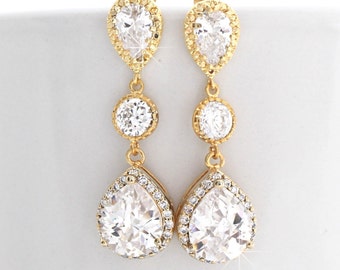 Cubic Zirconia Drop Earrings Gold, Bridal Earrings, Gold Teardrop Earrings, Long Bridal Earrings, Wedding Earrings Gold, Earrings Dangle