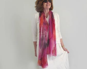 Crinkle Chiffon Silk Scarf, Sheer, Long ,Wide, Pinks, Fushia, Persimmon and Gray
