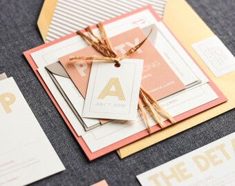 Monogram Wedding Invitations, Bat Mitzvah Invitation, Sweet 16 Invitations, Initial Invites, Gold, Peach and Coral - "Modern Monogram" FP-1L