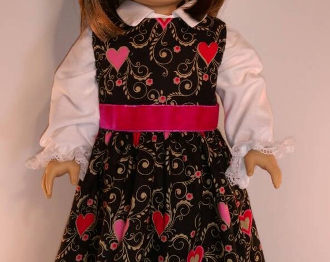 Black dress with hearts print Valentines dress and blouse set fits 18 inch dolls