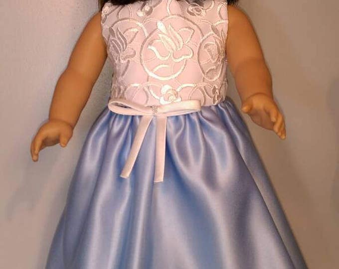 Blue satin summer party doll dress with white lace bodice fits 18 inch dolls