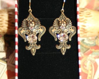 Vintage Gothic medieval bat gargoyle fleur crystal clear etruscan earrings
