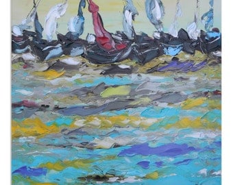 Endless wave - Original Oil Painting on Canvas Palette Knife - gallery fine art ready to hang impasto bay ship sea river yellow large boats
