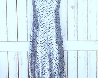 Vintage 70s black silver metallic zebra striped sleeveless column maxi dress/Malihini Hawaii Designer Collection/long hostess dress
