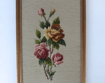 Vintage Needlepoint Roses Large Framed Floral Needlepoint Pink and Yellow Roses
