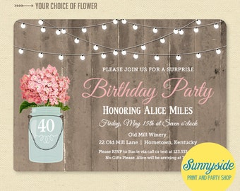 Rustic Mason Jar Birthday Invitation - Surprise Birthday Party Invitation - Printable Barnwood & Lights Birthday Invite