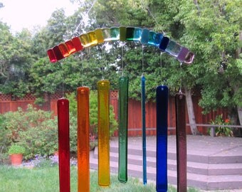 Rainbow Wind Chime Fused Glass Rainbow Windchime Mobile Colorful Mosaic Beach Suncatcher Wall Art House Decor