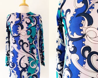 60s Psychedelic Tunic // Blue Pucci Inspired Short Gown // Long Sleeve Mod Sheath Style Dress