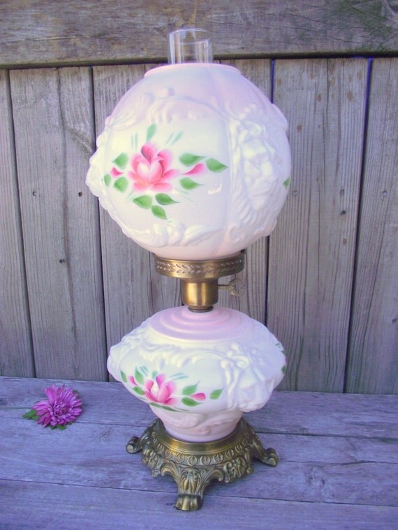 Lion Head Roses Milk Glass Globe Lamp Hurricane Gone With The