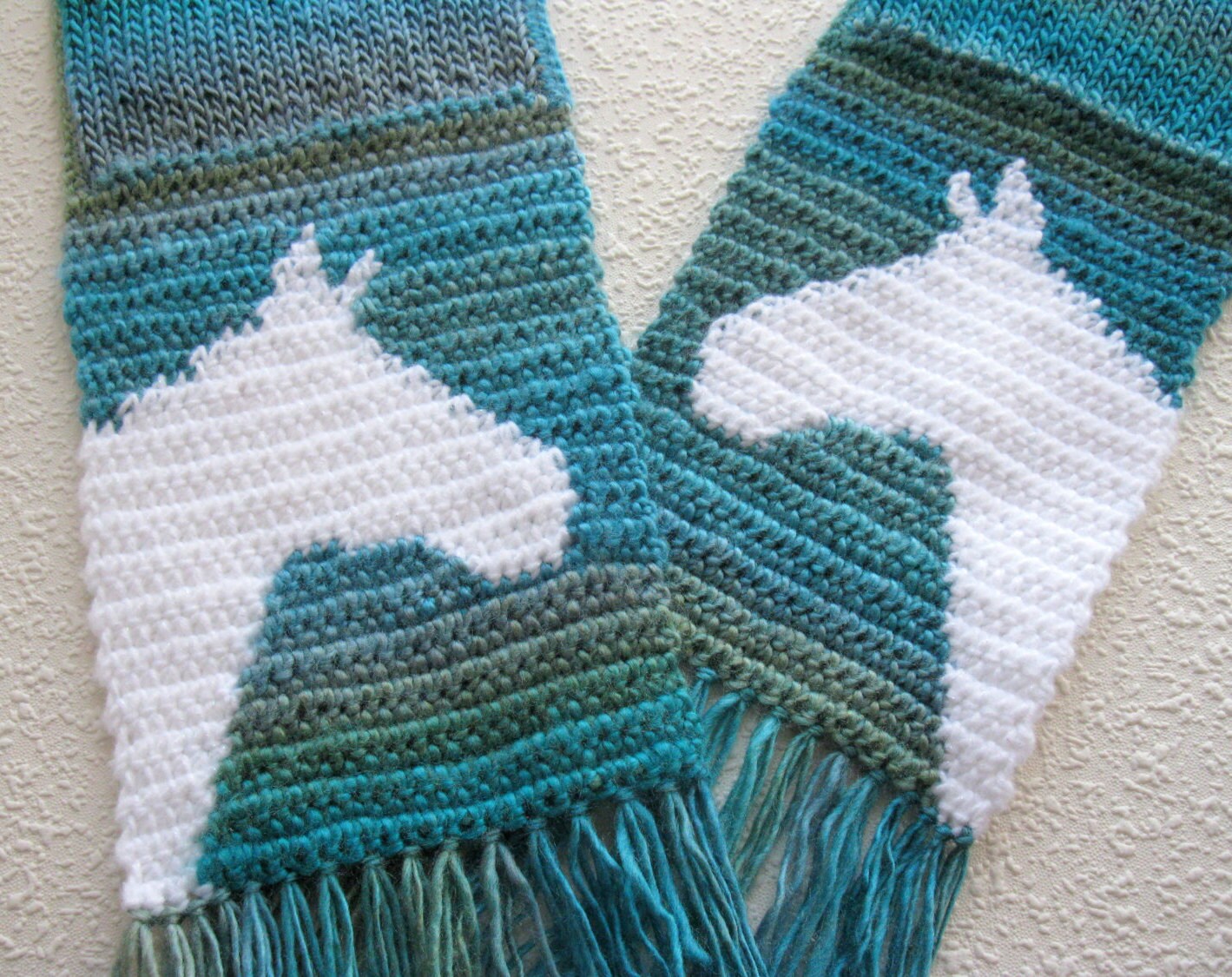Horse Scarf. Aqua blue striped knit and crochet scarf with