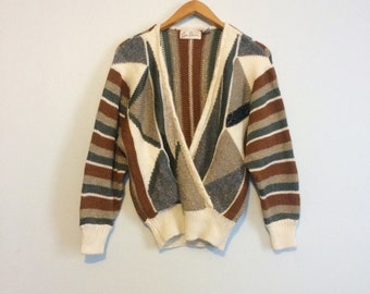 brown and blue striped sweater