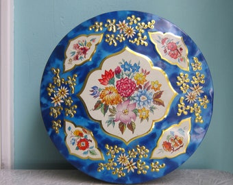 Blue Floral Tin, Blue Floral Biscuit Tin, Huntley & Palmer Tin, Floral Tin, Cookie Tin, Blue Floral Lithograph Tin, Vintage Decorative Tin