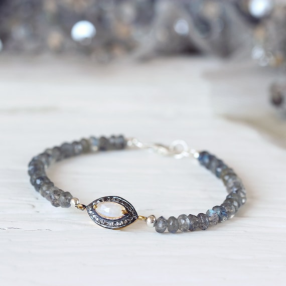 Labradorite & Moonstone Bracelet - Pave Diamond Bracelet
