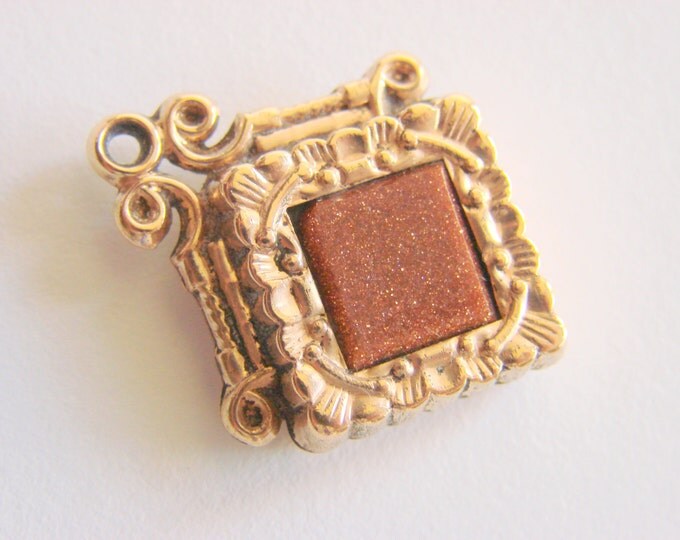 Victorian Carved Goldstone Repousse Gold Plate Watch Fob Antique Jewelry