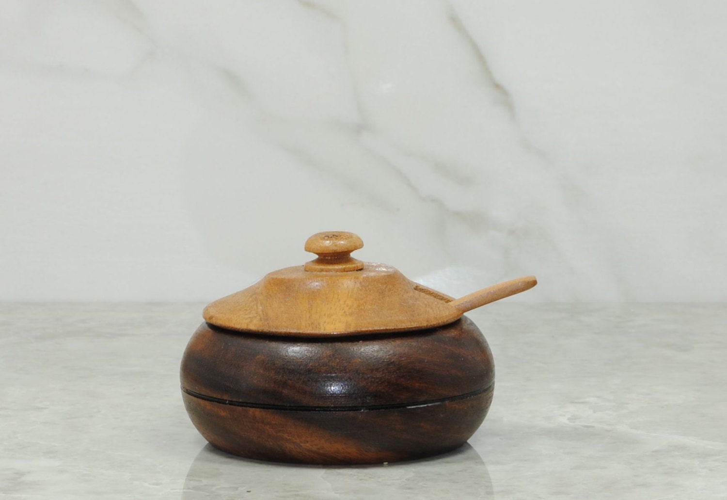 Vintage Wooden Bowl Sugar Bowl with Lid and Spoon Wood Bowl