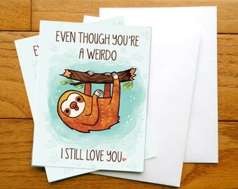 small Sloth card, Anniversary card, valentines day card, Greeting cards