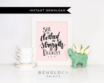 Printable, Gifts for Her, For her, She is Clothed, Proverbs 31, Christian Gifts, Christian Printable, Scripture Printable, Bible Verse