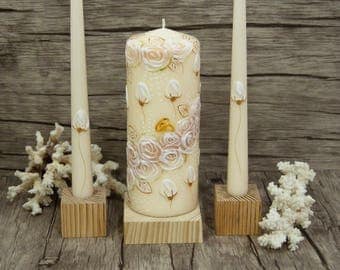 Unity Candle Set, Handpainted Beige Candles With White Roses, Wedding Ceremony Candle Set, Champagne Unity Candles With White Painted Roses