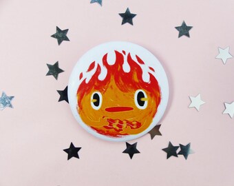 Calcifer Badge Pin, 56mm Badge, Studio Ghibli, Howls Moving Castle, Miyazaki, Anime, Lapel Pin, Matte, Orange, Red, Demon, Character
