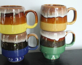 Set of 4 - Vintage 1960's-70's Stacking drip glaze Stoneware Mugs /Colorful stoneware drip glaze Mug Set/vintage stacking mugs