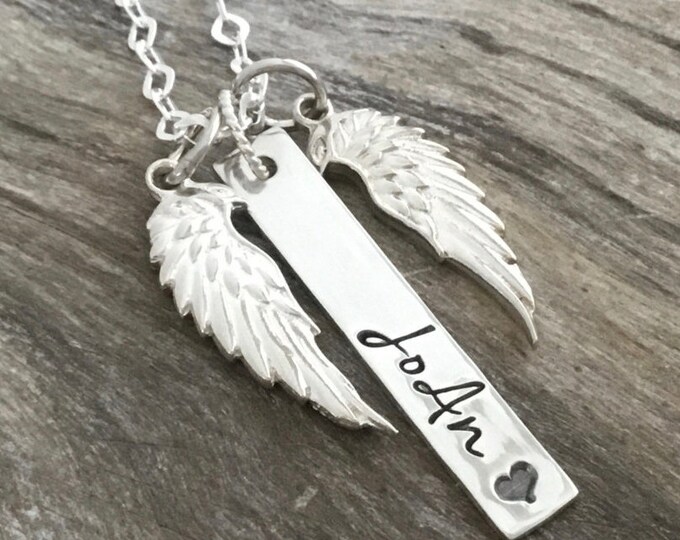 Personalized Double Wing Name Memorial Necklace Sterling Silver Remembrance Jewelry Detailed Angel Wing Necklace
