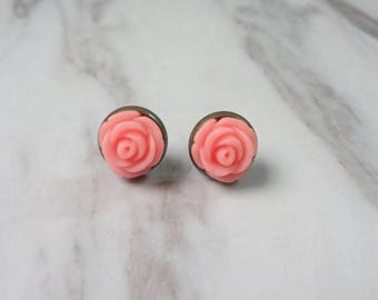 Seafoam Pink Rose Flower Brass Stud Earrings 0360