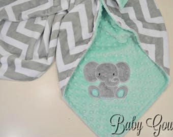 Personalized Minky Baby Blanket - Baby Elephant Blanket - Silver Chevron Minky - Opal Minky Dimple Dot - Monogrammed Blanket - Customize