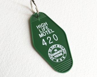 Marijuana keychain,420,hotel keychain,weed,vintage,retro,hotel key chain,stoner gift,hotel, motel,key tag,key ring, cannabis,HIGH LIFE MOTEL