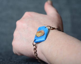 copper bracelet with wood resin charm, mens gift, wood and resin jewelry, gift for her, Charm bracelet for women, boyfriend gift