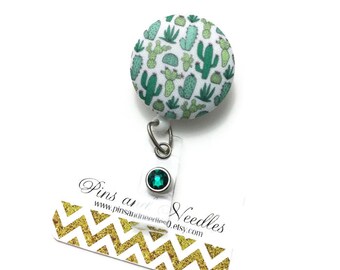 Cactus ID Badge Reel - Retractable Badge Reel - Cute Id Badge Reels - Fabric Badge Holder - Fabric ID Badge Reel -Green Cactus ID Badge Reel