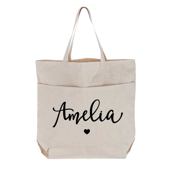 Items similar to Personalized Name Canvas Tote Bag with Pockets ...