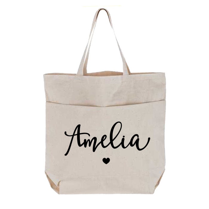 Personalized Name Canvas Tote Bag with Pockets by NgoCreations