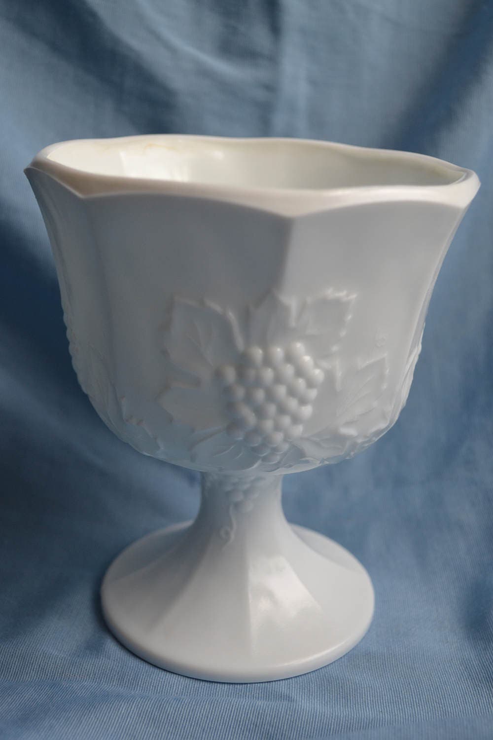 Vintage Milk Glass Pedestal Compote Dish Grapevine Design