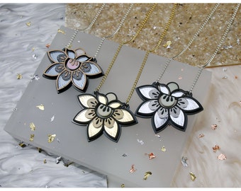 Petal Flower Statement Pendant Necklace. Etched Patterned Floral, Gold Silver Gunmetal Wood. Sparkle Glitter Pearlescent. Pattern Mirror