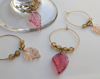 Pink and Gold Glass Leaf Wine Charms - Set of 4