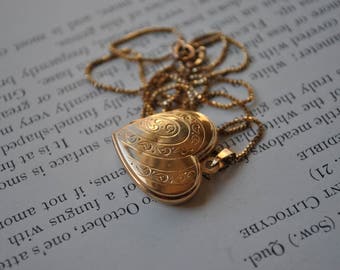 Vintage 10K Yellow Gold Locket - 1960s Germany, Etched Gold, Heart Locket, Sweetheart Locket, Gold Chain