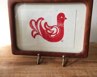 Small Scandinavian Red Bird in Wooden Frame